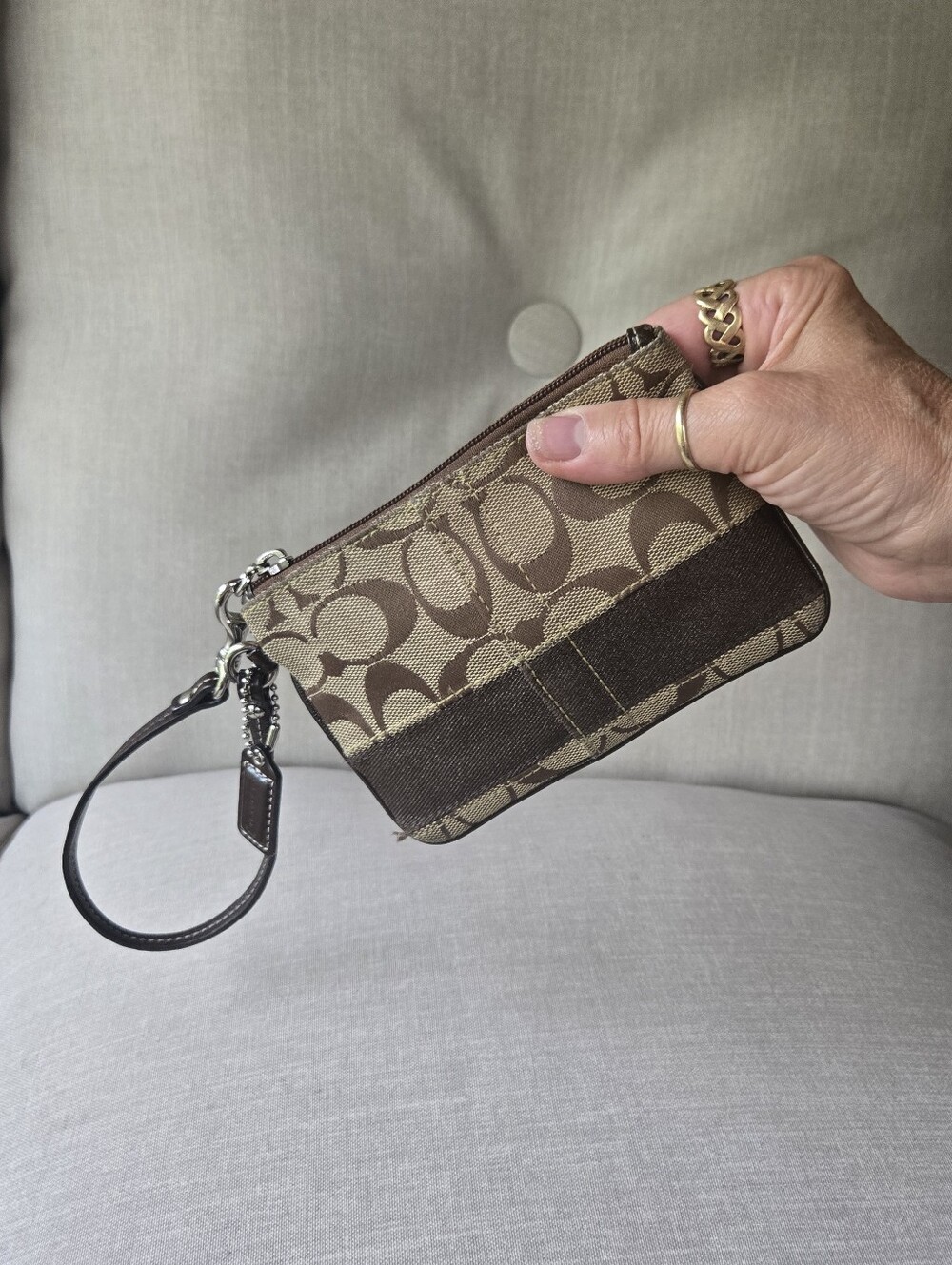 Coach Signature Jacquard Canvas Wristlet Brown Tan Mini Clutch - Picture 7 of 10